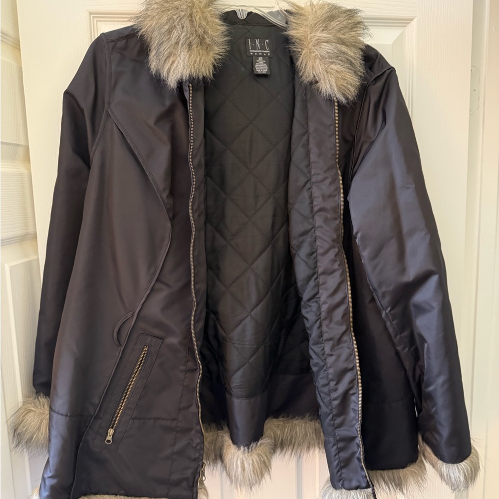INC International Concepts Black Jacket with Faux Fur Trim Belt included.